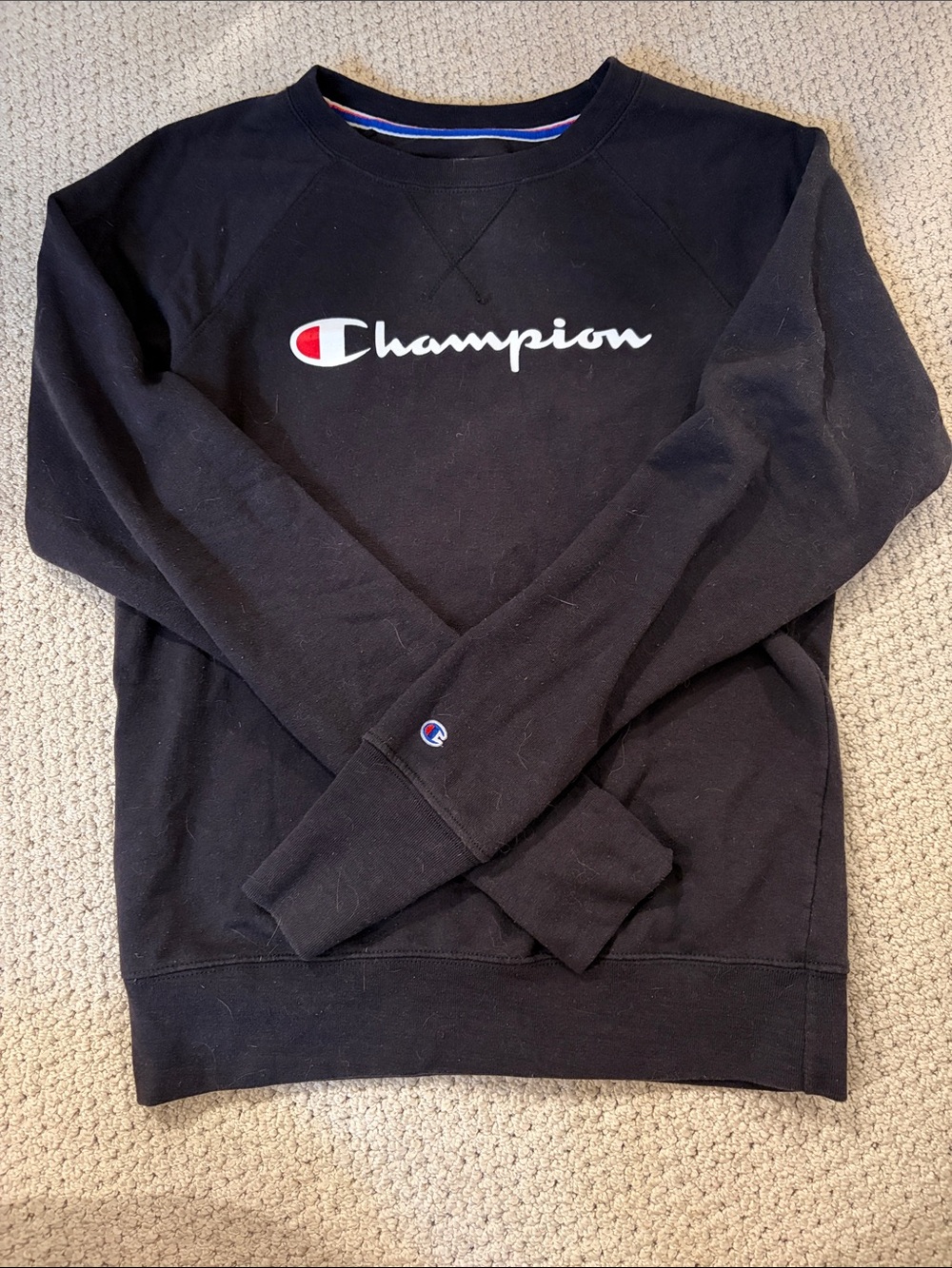 Champion Black Crewneck Sweatshirt with White Script and Red Logo Accent
